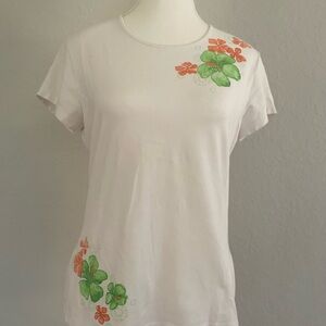 Tommy Bahama Cream Relaxed Short Sleeve T-Shirt with Floral Embroidery